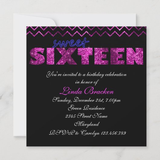 Roze zwarte glitter Chevron Sweet Sixteen Invite Kaart (Voorkant)