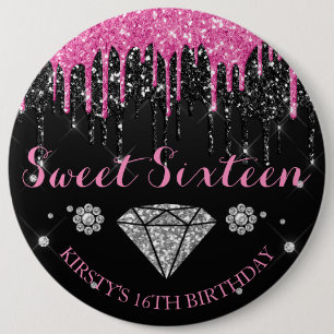 Roze & Zwarte Glitter Drip Sweet Sixteen Ronde Button 6,0 Cm