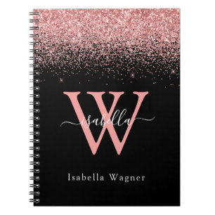 Roze zwarte Glitter Elegant Script Name Notebook Notitieboek