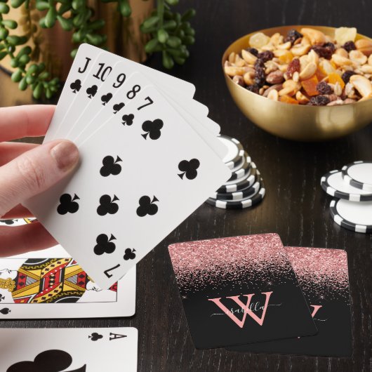 Roze Zwarte Glitter Elegante Script Naam Pokerkaarten (Insitu)