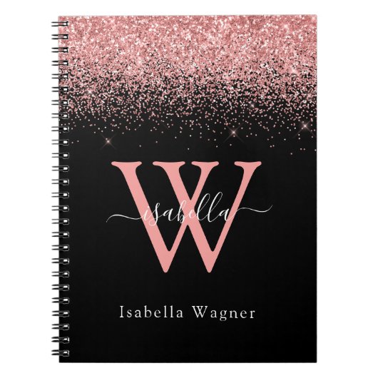 Roze Zwarte Glitter Elegante Scriptnaam Notitieboe Notitieboek (Voorkant)