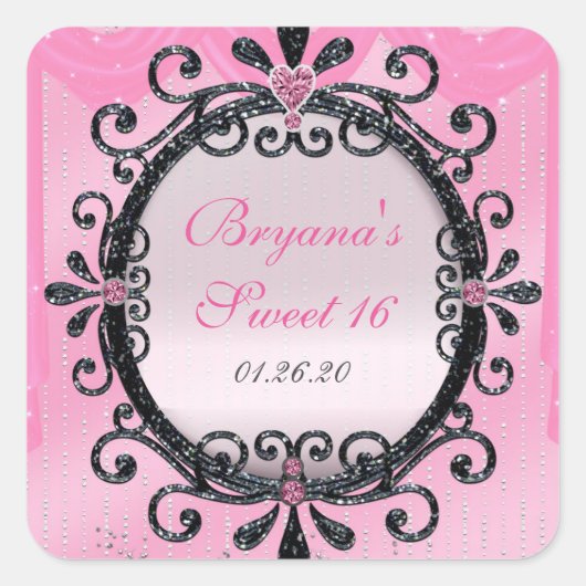 Roze & Zwarte Glitter Fantasie Frame Feest Sticker (Voorkant)