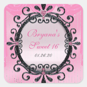 Roze & Zwarte Glitter Fantasie Frame Feeststicker Vierkante Sticker