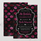 Roze & Zwarte Glitter Lipstick 21ste Verjaardag Kaart (Voorkant / Achterkant)