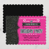 Roze & Zwarte Glitter Meisjes Feest Uitnodigingen (Voorkant / Achterkant)