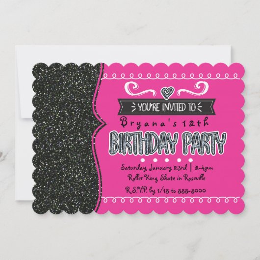Roze & Zwarte Glitter Meisjes Feest Uitnodigingen (Voorkant)