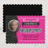 Roze & Zwarte Glitter Meisjes Party Fotouitnodigin Kaart (Voorkant / Achterkant)