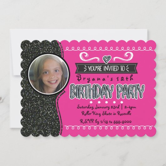 Roze & Zwarte Glitter Meisjes Party Fotouitnodigin Kaart (Voorkant)