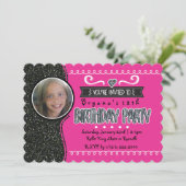 Roze & Zwarte Glitter Meisjes Party Fotouitnodigin Kaart (Staand voorkant)