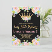 Roze zwarte Glitter Princess Birthday-uitnodiginge Kaart (Staand voorkant)