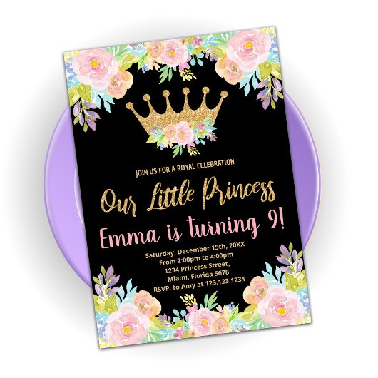 Roze zwarte Glitter Princess Birthday-uitnodiginge Kaart