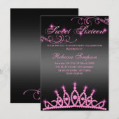 Roze & Zwarte Glitter Tiara Verjaardagsuitnodiging Kaart (Voorkant / Achterkant)