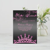 Roze & Zwarte Glitter Tiara Verjaardagsuitnodiging Kaart (Staand voorkant)