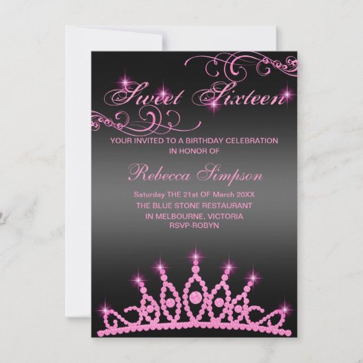 Roze & Zwarte Glitter Tiara Verjaardagsuitnodiging Kaart (Voorkant)
