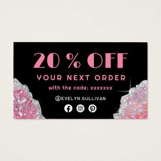 Roze zwarte glitterkaart visitekaartje (Achterkant)