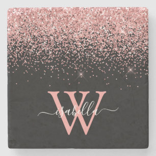 Roze zwarte glitters Elegante script naam monogram Stenen Onderzetter