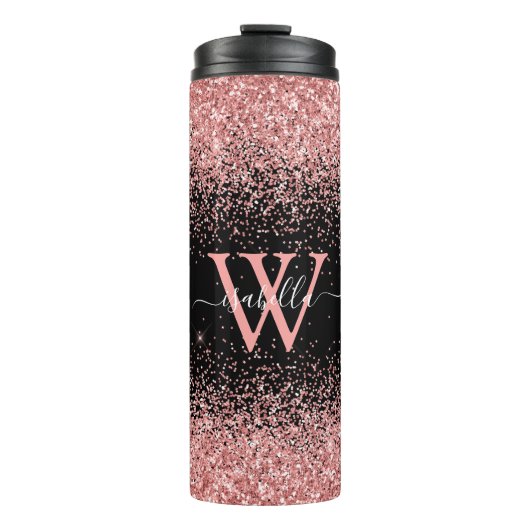 Roze zwarte glitters Elegante scriptnaam monogram Thermosbeker (Voorkant)