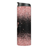 Roze zwarte glitters Elegante scriptnaam monogram Thermosbeker (Geroteerd rechts)