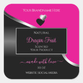 Roze Zwarte Golvende Zilveren Hartjes Productlabel Vierkante Sticker (Voorkant)