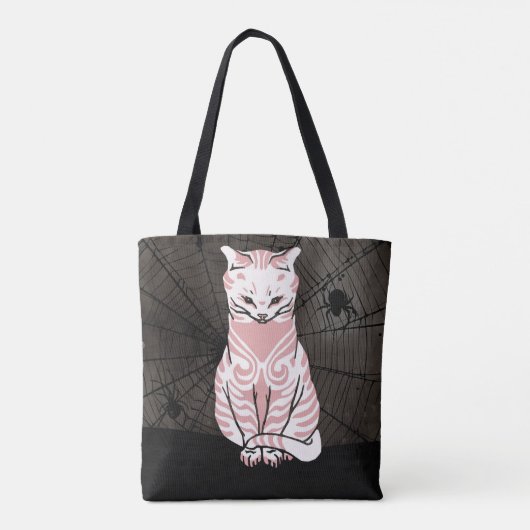  Roze Zwarte Gothic Cat Spider Web Tote Bag (Achterkant)
