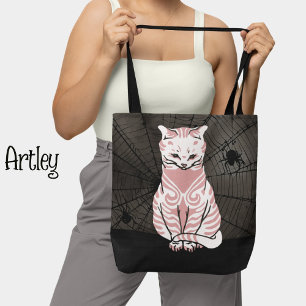 Roze Zwarte Gothic Cat Spider Web Tote Bag
