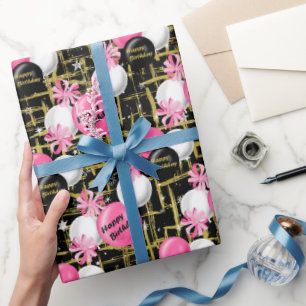 Roze zwarte gouden de partijomslag van de Ballon Cadeaupapier