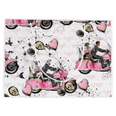 Roze, zwarte, gouden florale tas met wieltjes groot cadeauzakje (Achterkant)