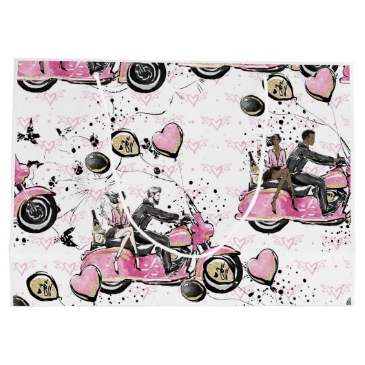 Roze, zwarte, gouden florale tas met wieltjes groot cadeauzakje (Achterkant)