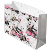 Roze, zwarte, gouden florale tas met wieltjes groot cadeauzakje (Achterkant Gekanteld)