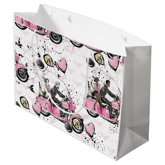 Roze, zwarte, gouden florale tas met wieltjes groot cadeauzakje (Achterkant Gekanteld)