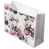 Roze, zwarte, gouden florale tas met wieltjes groot cadeauzakje (Voorkant Gekanteld)