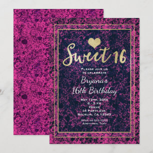 Roze & Zwarte Gouden Sweet 16 Moderne Feest Uitnod Kaart