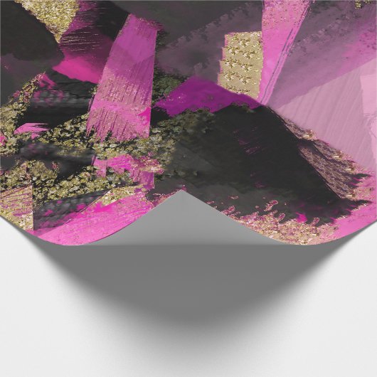 Roze zwarte goudglitter moderne borstelglam cadeaupapier (Hoek)