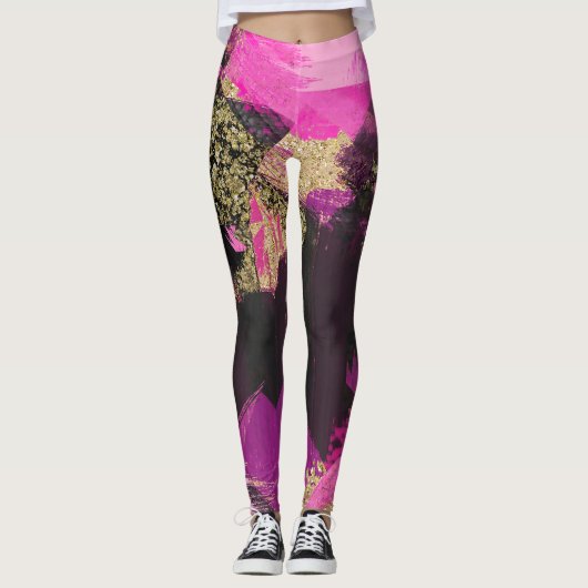 Roze zwarte goudglitter moderne borstelglam leggings (Voorkant)