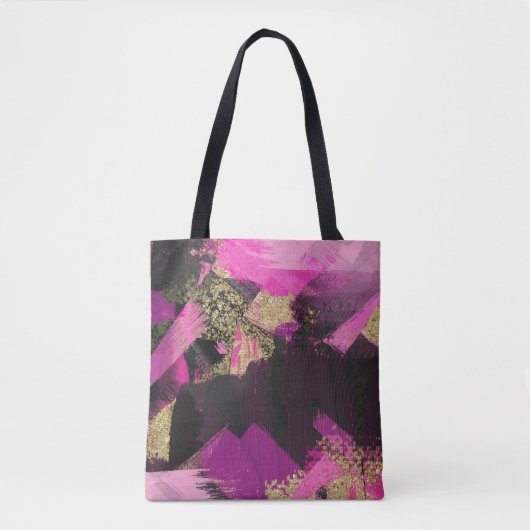 Roze zwarte goudglitter moderne borstelglam tote bag (Voorkant)