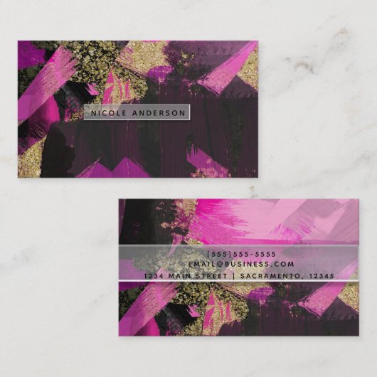 Roze zwarte goudglitter moderne borstelglam visitekaartje (Voorkant / Achterkant)