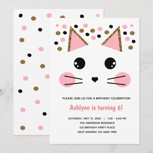 Roze zwarte goudkleurig kattebakje op zaterdag kaart (Voorkant / Achterkant)