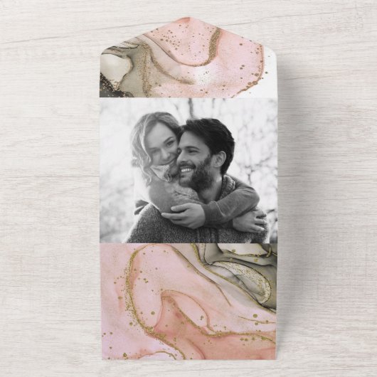 Roze zwarte goudWaterverf - Moderne bruiloft All In One Uitnodiging (Buitenkant)