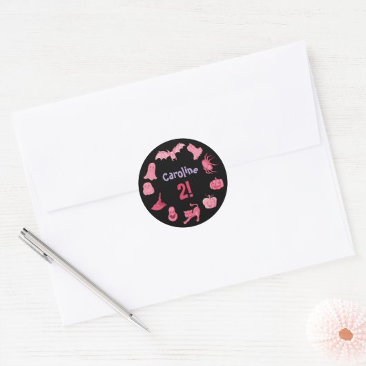 Roze zwarte Halloween verjaardag Ronde Sticker (Envelop)