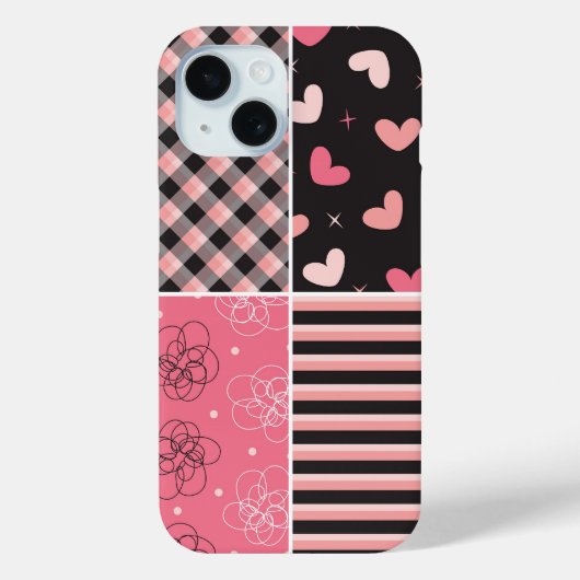 Roze zwarte harten strepen geruite krabbelpatroon Case-Mate iPhone case (Achterkant)