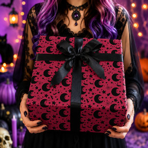 Roze Zwarte Hemellichthalve Maan Halloween Patroon Cadeaupapier