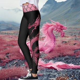 Roze Zwarte Iridiserende Schubben Chinese Draak Leggings