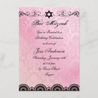 Roze & Zwarte Kant Bat Mitzvah Verjaardagsuitnodig Kaart