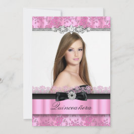 Roze & Zwarte Kant Foto Quinceanera Uitnodiging