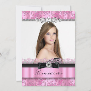 Roze & Zwarte Kant Foto Quinceanera Uitnodiging