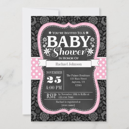 Roze zwarte karton Floral Baby shower Invite Kaart (Voorkant)