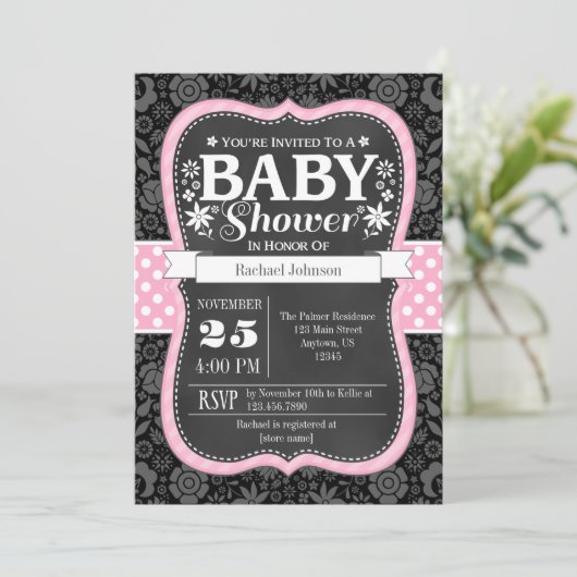 Roze zwarte karton Floral Baby shower Invite Kaart (Staand voorkant)
