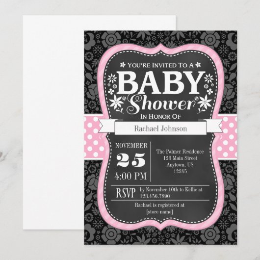 Roze zwarte karton Floral Baby shower Invite Kaart (Voorkant / Achterkant)