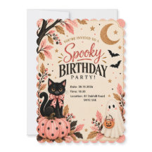 Roze Zwarte Kat Griezelige Halloween Uitnodiging