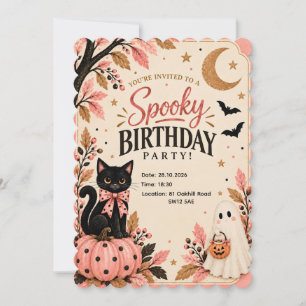Roze Zwarte Kat Griezelige Halloween Uitnodiging